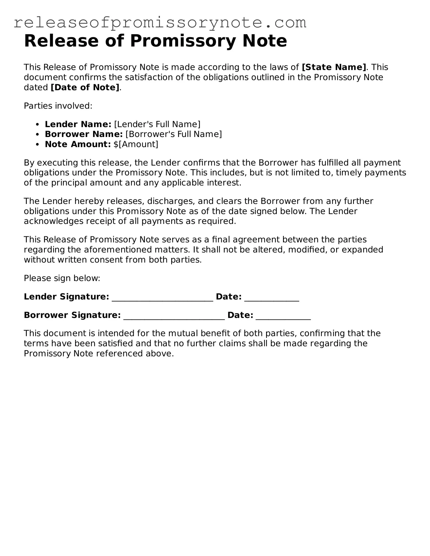Legal Release of Promissory Note Form